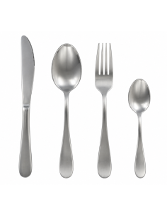 Gamme de quatre couverts en inox 18/10 finition satinée sur fond blanc – ALIA CHR.