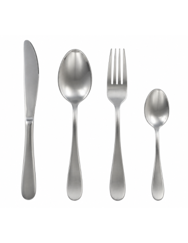 Gamme de quatre couverts en inox 18/10 finition satinée sur fond blanc – ALIA CHR.
