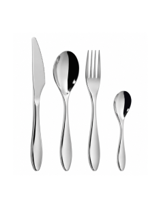 Gamme de quatre couverts Online en inox 16/18, finition argentée, sur fond blanc – ALIA CHR.