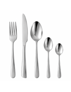 Gamme de cinq couverts en inox QD3184 comprenant fourchette, couteau et trois cuillères sur fond blanc.