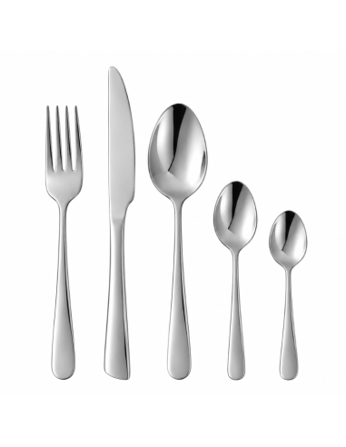 Gamme de cinq couverts en inox QD3184 comprenant fourchette, couteau et trois cuillères sur fond blanc.