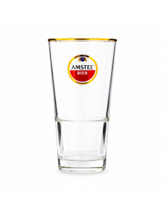 Verre à bière Amstel 25 cl transparent avec logo et liseré doré, référence 16741.