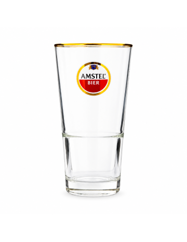 Verre à bière Amstel 25 cl transparent avec logo et liseré doré, référence 16741.